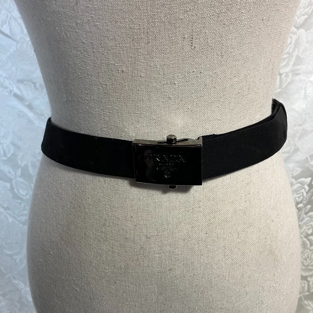 PRADA cloth belt, silver-tone buckle
